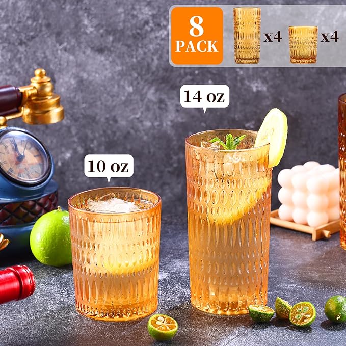 Glassware Drinking Glasses Set of 8, 14 oz Highball Glasses & 10 oz Ribbed Glass Cups, Vintage Glassware for Water, Juice, Cocktail (Thanksgiving Amber)