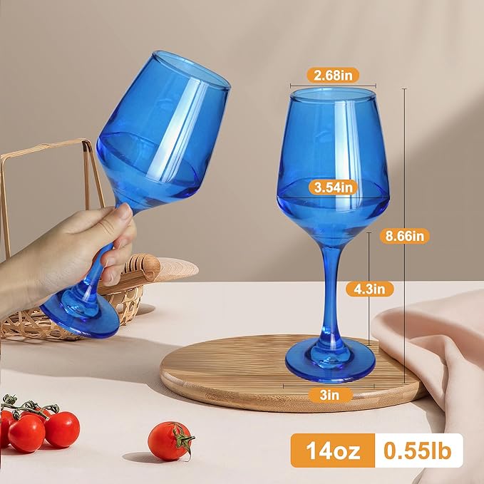 Blue Wine Glasses Set of 6-14oz Blue Long Stem Wine Glass, Pretty Crystal Glassware, Hand Blown Goblets Drinkware, Unique Stemware Wine Glass Holiday Gift Set