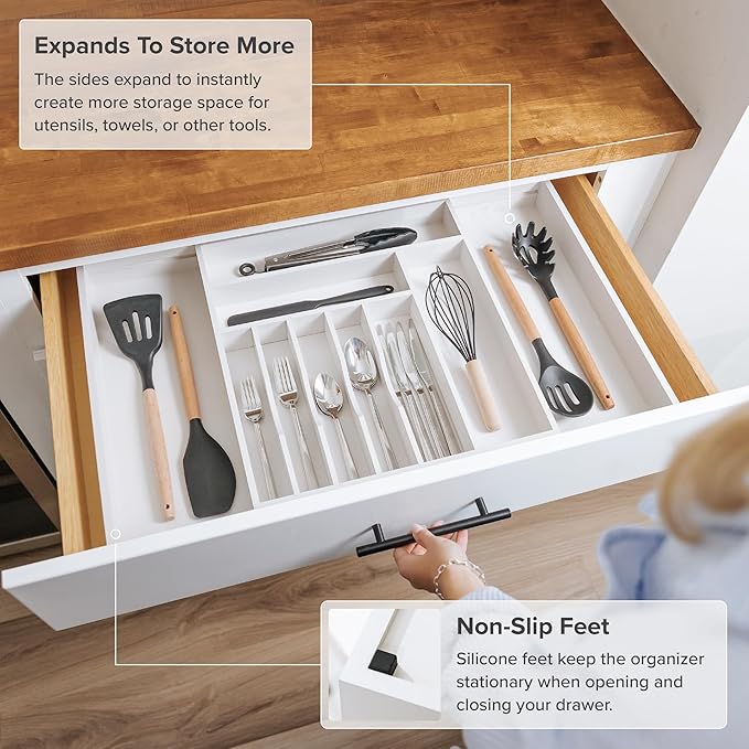 KitchenEdge Premium Silverware, Flatware and Utensil Organizer for Kitchen Drawers, Food-Safe Contract Grade, Expandable from 16 to 28 In, White Bamboo