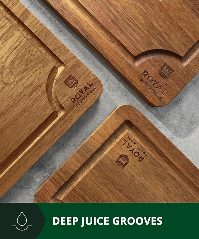 ROYAL CRAFT WOOD Acacia Wood Cutting Boards Set of 3 – Premium Wooden Cutting Boards for Kitchen Meal Prep & Serving - Charcuterie & Chopping Butcher Block for Meat with Deep Juice Groove Side Handles