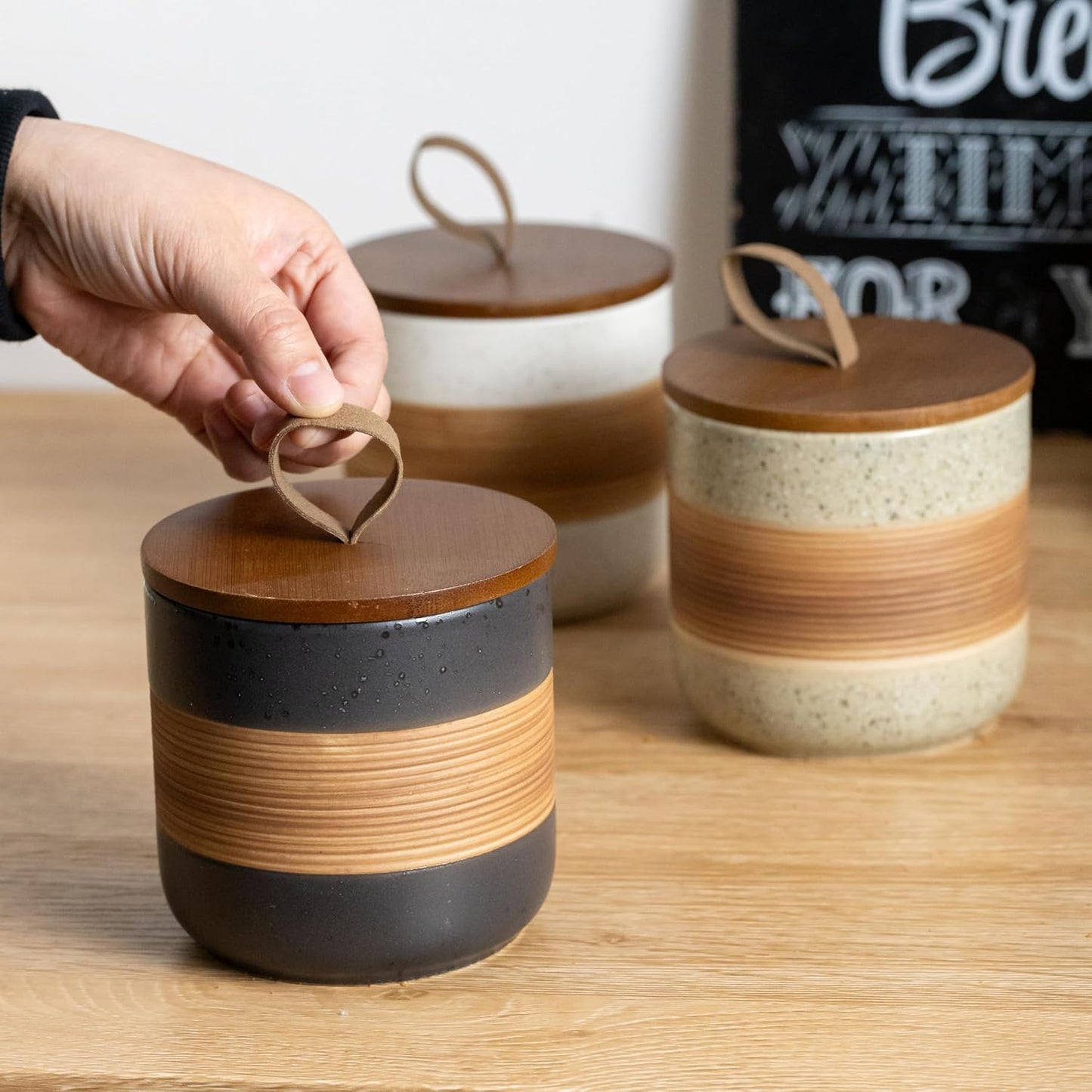 Large Storage Containers with Lids, Ceramic Coffee Container Kitchen Food Storage Jars for Spice Sugar Tea Bag, Stackable Decorative Jars for Counter, Black & 61 fl.oz