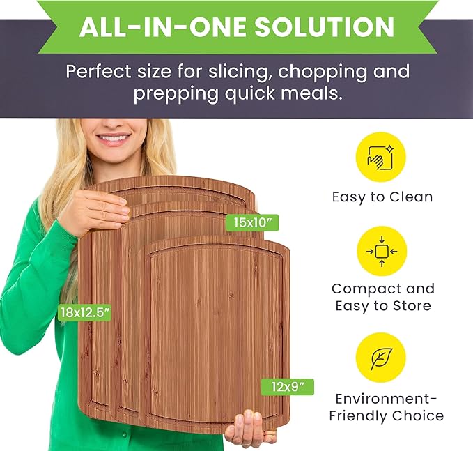 Organic Wooden Cutting Boards for Kitchen with Lifetime Replacements - 3pc Set Non Toxic Bamboo Chopping Board for Charcuterie, Meat, Vegetables and Fruits - Ideal Kitchen Gifts for Home Chefs