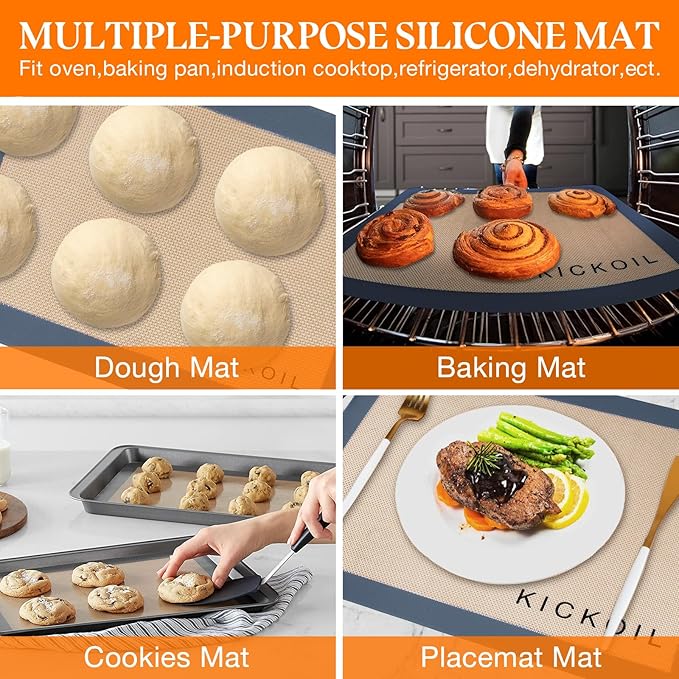 Silicone Baking Mat Large 3 Pack-2 Half Sheets+1 Small Quarter Sheet,Reusable Non Stick Food Safe Baking Supplies Oven Liners Bakeware Mats for Cookies,Macarons,Bread, Pastry, Vegetables