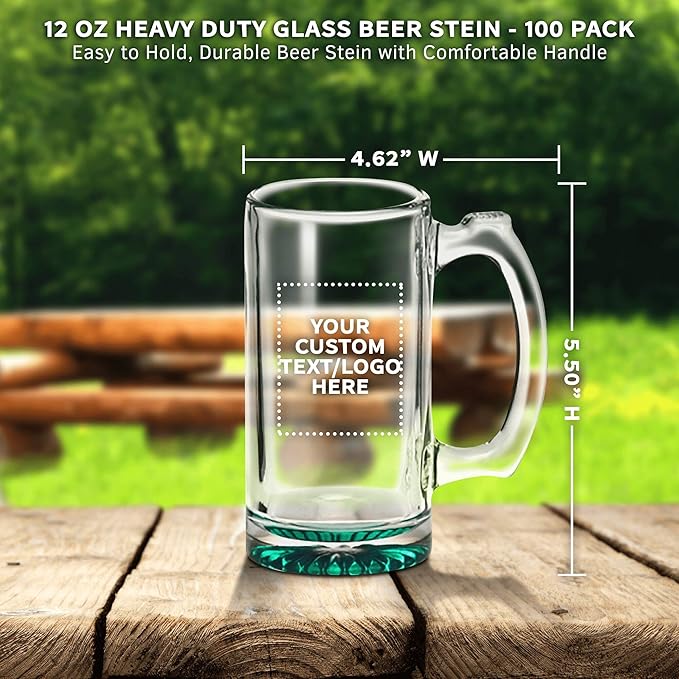 100 Libbey Beer Mugs Set, 12 oz. - Customizable Text, Logo - Groomsmen Glassware - Green