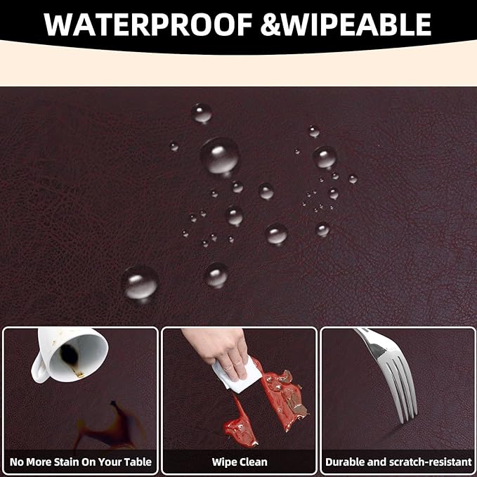 Vinyl Placemats Set of 6-12×17.7 Inch Waterproof & Heattable Placemats, Fall Faux Leather Wipeable Outdoor Table Mat for Dining, Kitchen, Indoor Outdoor Use (Coffee, Cowhide Grain)