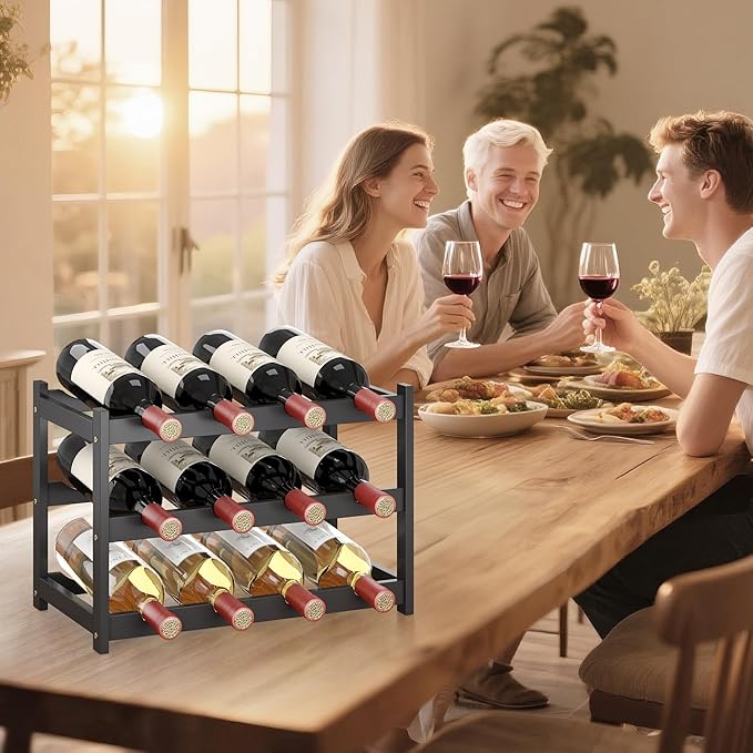 Wine Rack Countertop for 12 Wine Bottles and 4 Glass Holder, Small Bamboo Free Standing Racks Tabletop Display, Wooden Wine Storage Organizer for Cabinet Pantry Kitchen Bar Home Dining Room (Black)