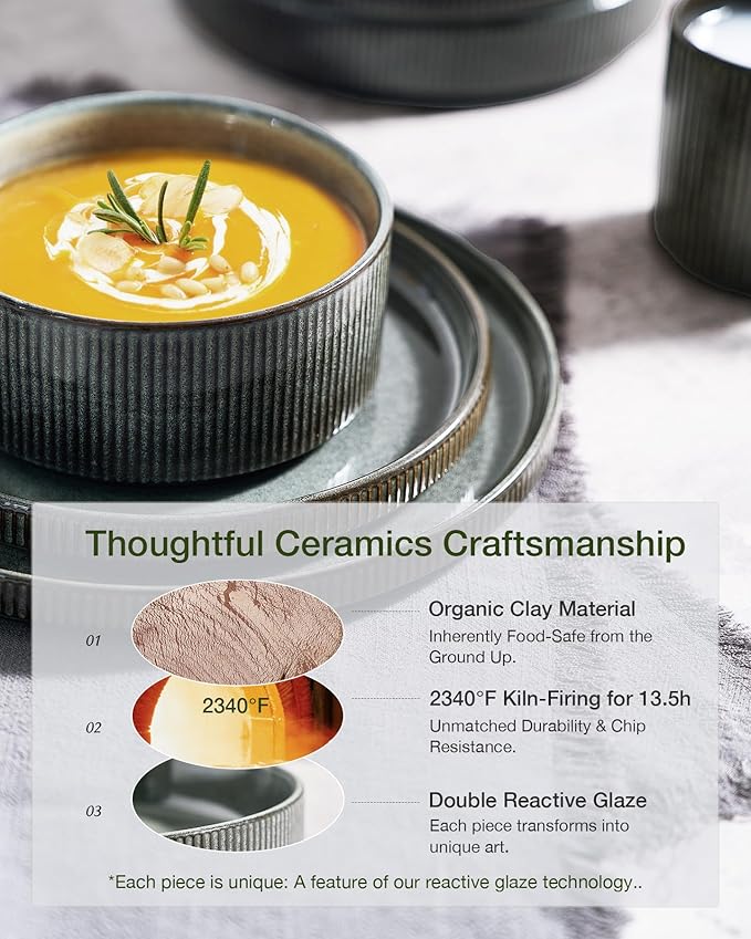 famiware Star Dinnerware Set, Plates and Bowls Sets for 8 (24pcs), Ribbed Stoneware Dishes - Chip & Scratch Resistant, Microwave & Dishwasher Safe, Deep Forest