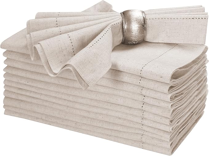Bedding Craft Linen Flax Cotton Cloth Dinner Napkins Set of 12 – 18x18 Natural Fabric with Hemstitched Mitered Corners – Machine Washable Wedding, Cocktail & Party Table Napkins