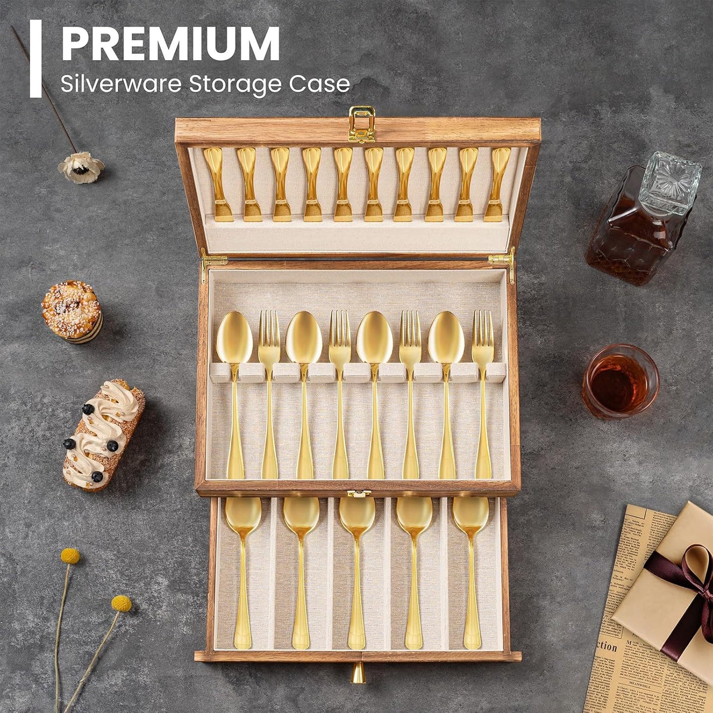 Silverware Storage Box, 2-Layer Flatware Storage Case with Drawer, Wooden Silverware Chest with Linen Liner, Rustic Silverware Case for Storing Fine Flatware and Utensils (Brown)