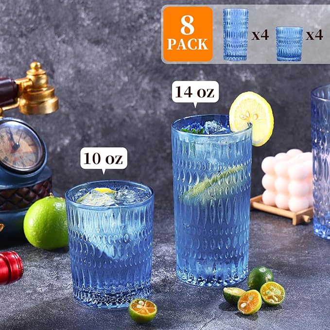 Glassware Drinking Glasses Set of 8, 14 oz Highball Glasses & 10 oz Ribbed Glass Cups, Vintage Glassware for Water, Juice, Cocktail, Whiskey (Blue)