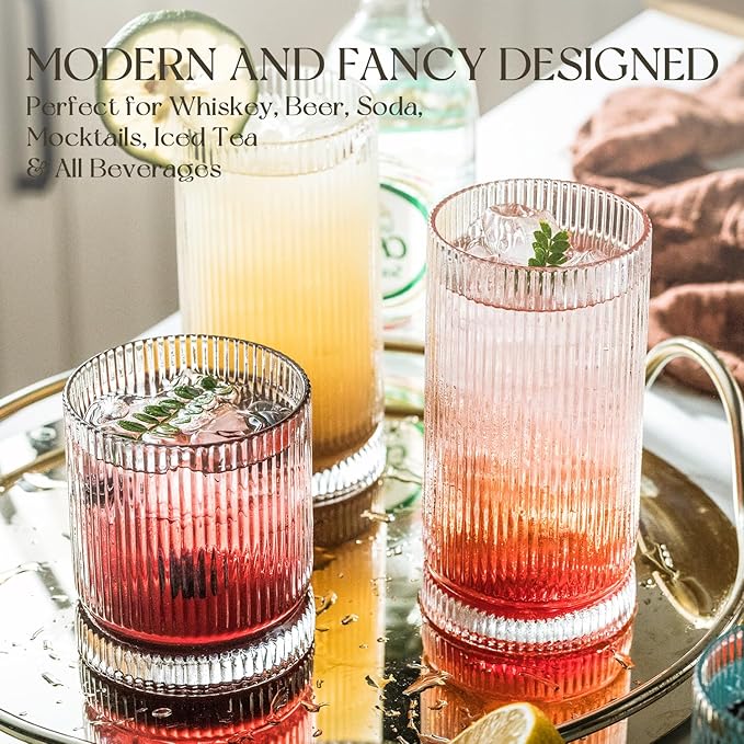 KEMORELA Ribbed Glassware Set of, Origami Style 16 Oz XL Drinking Glasses with Straws, Vintage Glassware Set - Glass Cups, Iced Coffee Cups Perfect for Cocktails, Smoothies, Juice, Beer (8Pcs)