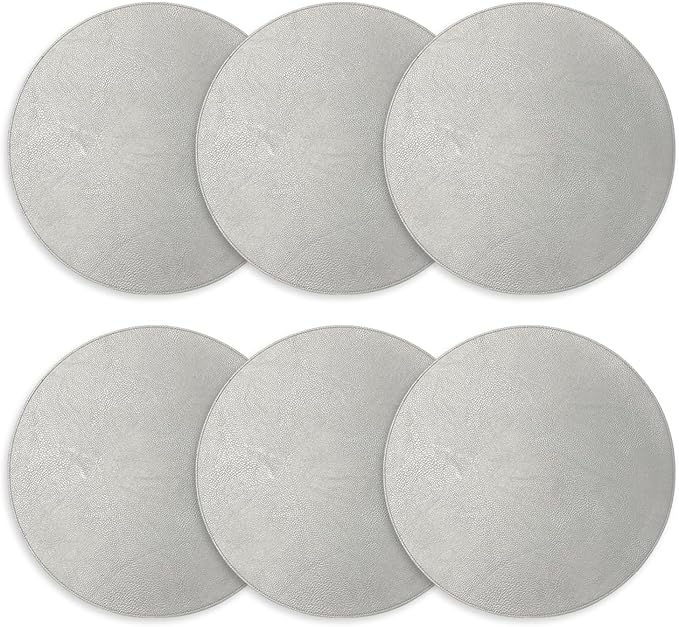 Placemats Set of 6 – Round 15” Faux Leather Table Mats for Dining, Heat Resistant & Non-Slip Washable Table, Indoor, Outdoor, Dining Table Set for 6, Modern Kitchen & Holiday Use, Silver