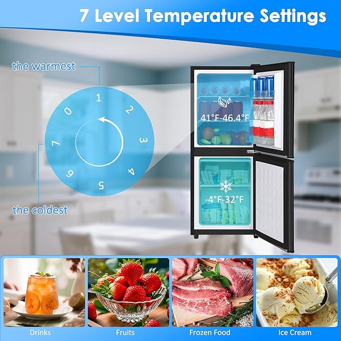 Compact Refrigerator with Freezer 4.2 Cu. Ft. 2-Door Dorm Fridge with Adjustable 7-Level Thermostat, Small Refrigerator with Freezer for Home, RV, College Dorm, Apartment, Office, Black