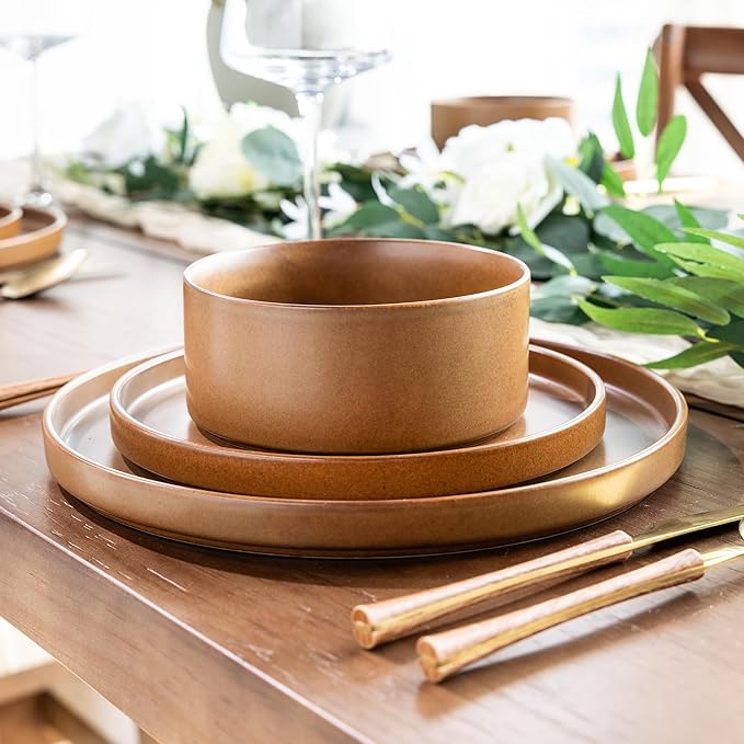 LERATIO Ceramic Dinnerware Sets for 4, High Edge Stoneware Plates and Bowls Set, Chip and Crack Resistant | Oven & Dishwasher & Microwave Safe Dishes Set, Service for 4 -Caramel