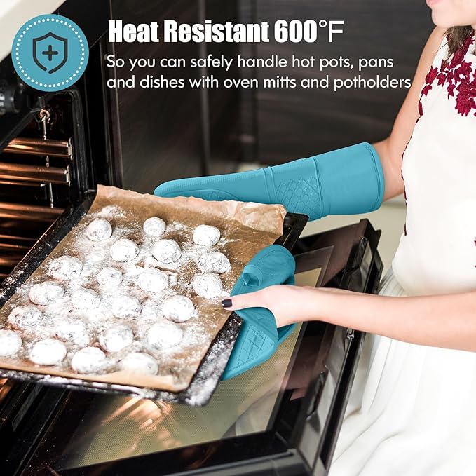 Oven Mitt and Pot Holders Sets, Quilted Cotton Terry Cloth,Non-Slip Pot Holder, Silicone Oven Mitt Heat Resistant, Oven Mittens 7.3"x14.2", Hot Pad 7"x10" & Dish Cloths 13"x25"