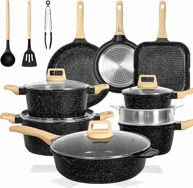 Romswi 23pcs Pots and Pans Set Non Stick, Kitchen Cookware Set with Casserole, Frying & Saucepans, Oven Safe & Stovetop Agnostic Non Toxic Cookware (Gas, Electric & Induction) - Black
