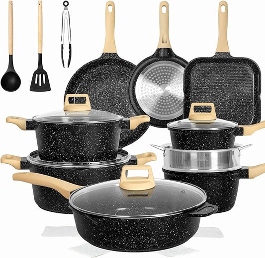 Romswi 23pcs Pots and Pans Set Non Stick, Kitchen Cookware Set with Casserole, Frying & Saucepans, Oven Safe & Stovetop Agnostic Non Toxic Cookware (Gas, Electric & Induction) - Black