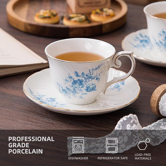 tea cups and saucers ceramic coffee mug 6oz for Coffee, Latte, Cafe Mocha and Tea-Set of 4,Blue