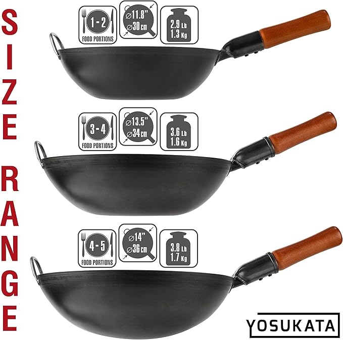 YOSUKATA 11.8" Carbon Steel Wok Pan – Pre-Seasoned Flat Bottom Pow Wok for Stir Fry, BBQ, Grill & Camping – Traditional Japanese Chinese Cookware – Compatible with Induction, Electric, Gas, Open Fire