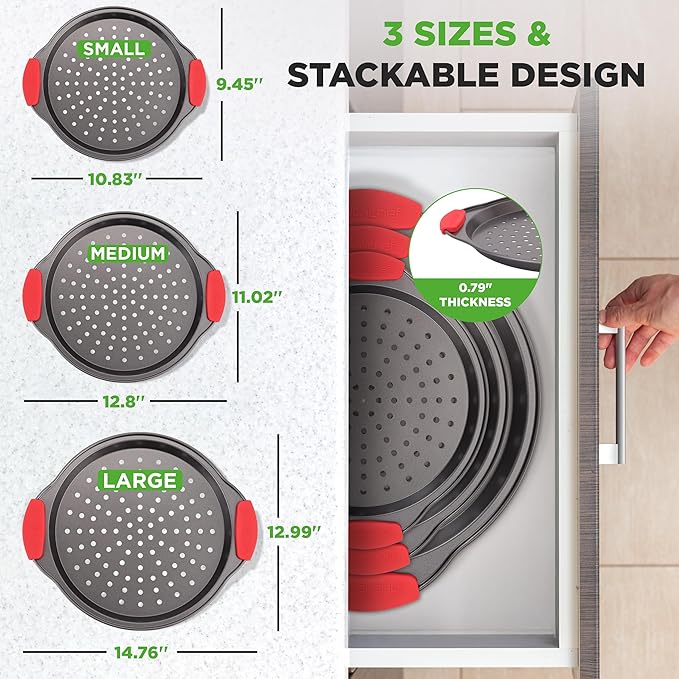 NutriChef 3-Piece Pizza Tray Set with Silicone Handles - Round Nonstick Pizza Pan with Perforated Holes, Durable Carbon Steel, Small, Medium, Large Sizes - Ideal for Crispy, Evenly Baked Pizzas (Gray)