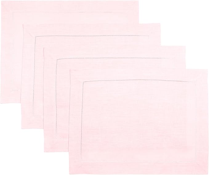 D'Moksha Homes Linen Placemats Set of 4 - Classic Hemstitch Pastel Pink Placemats 14 x 19 Inch - 100% Pure Linen Table Mats for Thanksgiving, Holiday - Handcrafted and Machine Washable