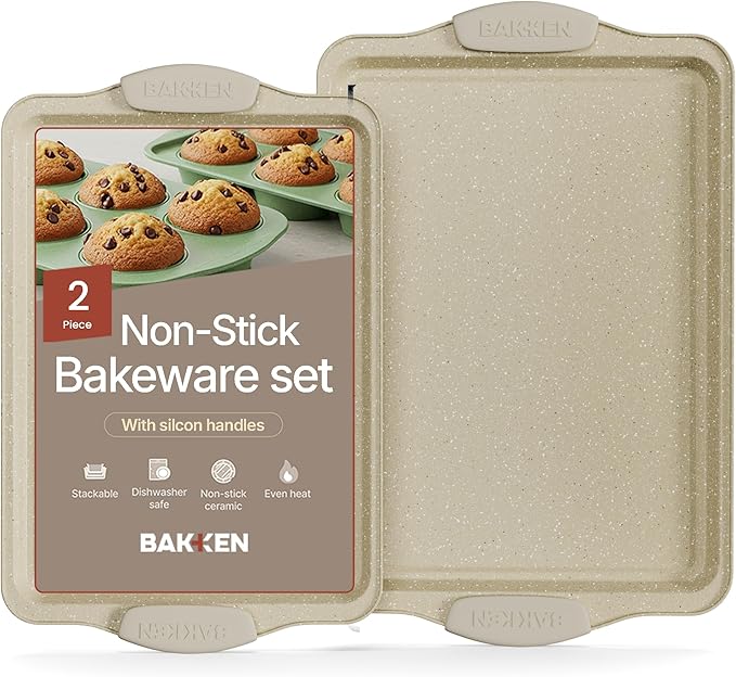 BAKKEN Kitchen Baking Pans - Medium (15.15 × 10.03") and Large (17.1 x 11.8") Nonstick Sheets, Carbon Steel Cookie Sheets with White Silicone Handle, PFOA, PFOS, PTFE Free, Oven Safe (450°F), Set of 2