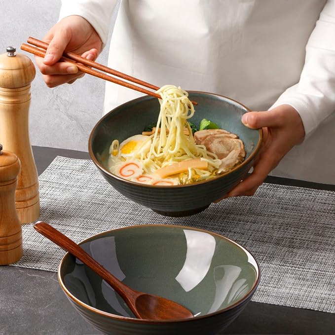 NUTRIUPS 8 Inch Ceramic Ramen Bowl Set of 2 Pho Bowls 40oz Japanese Noodle Udon Soup Bowls with Spoons and Chopsticks (Deep Ocean Green)
