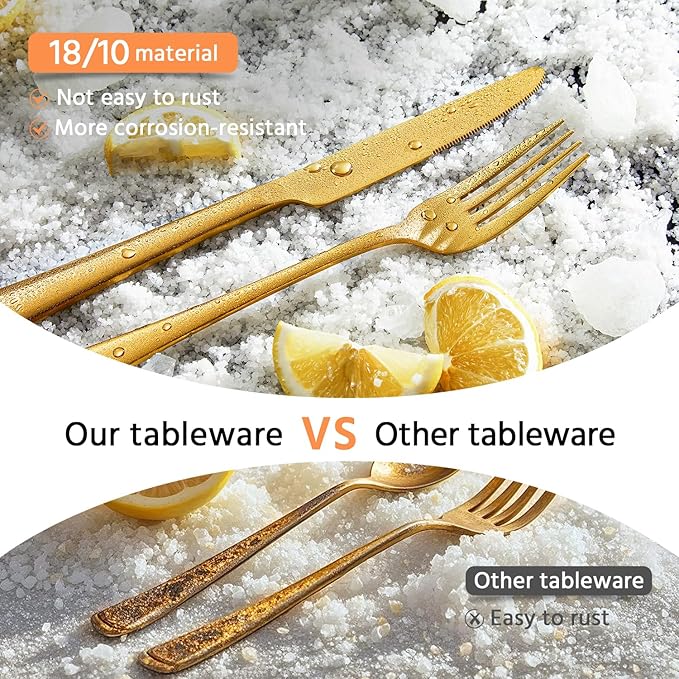 KINGSTONE 18/10 Stainless Steel Flatware, 20-Piece Forged Silverware Set for 4, Mirror Polished Cutlery Set Dishwaher Safe for Home, Restaurant, Wedding, Party, Gold