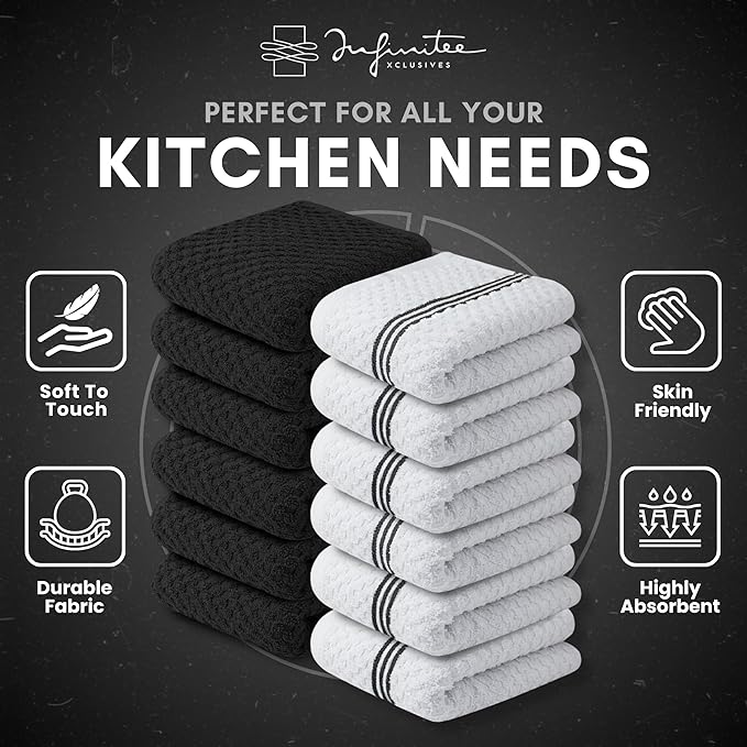 Infinitee Xclusives Premium Kitchen Towels - [Pack of 12] 100% Cotton Kitchen Hand Towels (15 x 25 Inches) - Dish Towels for Kitchen |Storm Black|