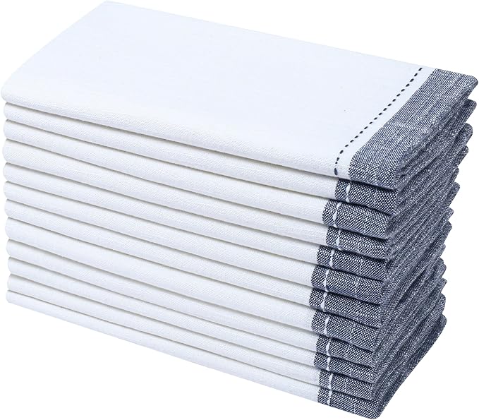 Ramanta Home Cloth Napkins Set of 12 Textured Cotton 18x18 - Premium Contrast Border Thanksgiving Dinner Napkins for Christmas Farmhouse Wedding, Soft Washable Table Linen for Everyday Use - White