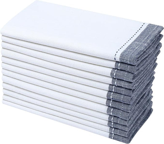 Ramanta Home Cloth Napkins Set of 12 Textured Cotton 18x18 - Premium Contrast Border Thanksgiving Dinner Napkins for Christmas Farmhouse Wedding, Soft Washable Table Linen for Everyday Use - White