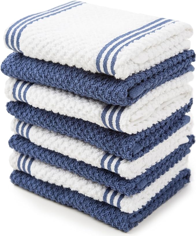 Sticky Toffee Cotton Dishcloths Set of 8 – 12x12 in Dark Blue and White Dish Towels, Reusable and Absorbent Tea Towels for Cleaning or Drying, Oeko-Tex Cotton