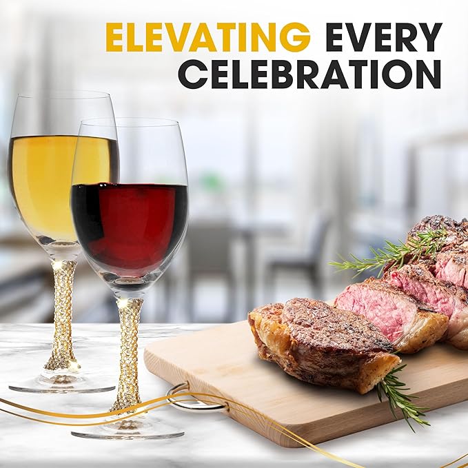 Premium Wine Glasses Set of 4 - Crystal Long Stem Wine Glass with Gold Rhinestone Stem Design - 12 oz