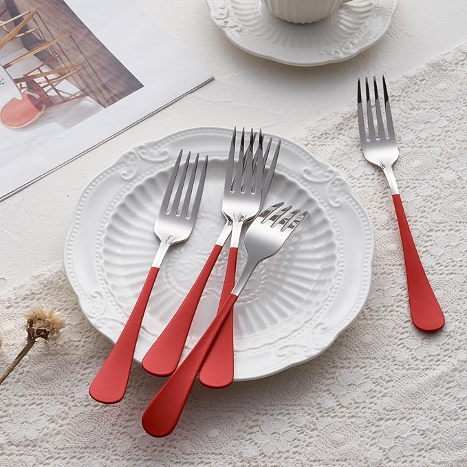 Red Dinner Fork, 18/0 Red handle Stainless Steel Satin Finish 8.1-inch Silverware Flatware Fork Set, Set of 12, Dishwasher Safe