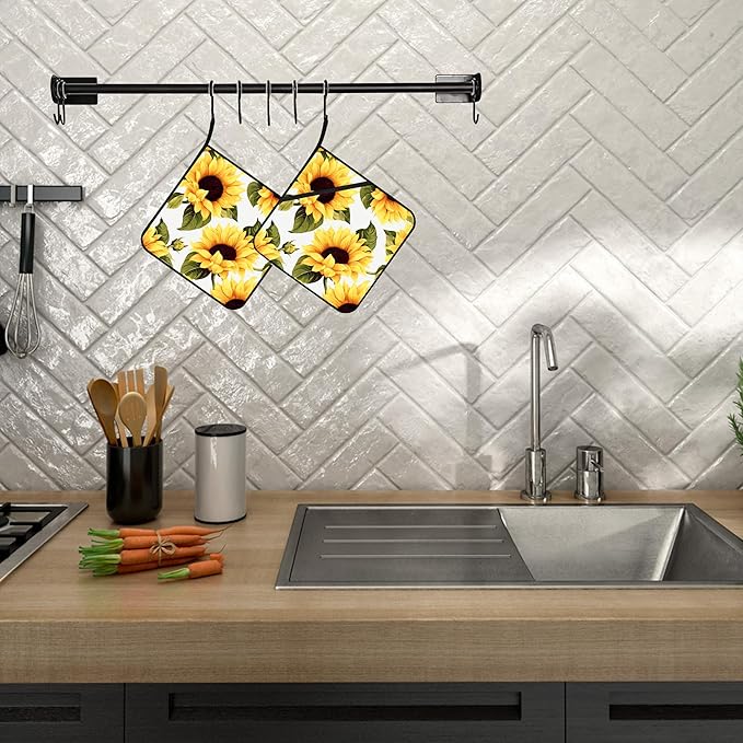 Groovy Sunflower Pot Holders Set of 2 Kitchen Heat Resistant Potholders for Microwave Cooking Baking Oven End Dishes and BBQ Gifts for Women