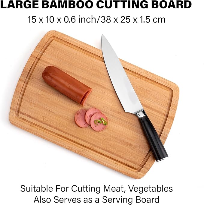 Bamboo Cutting Board Set of 2 - Double-Sided Cutting Board with Juice Groove for Kitchen, Bamboo Serving Board Chopping Board for Meat, Vegetables and Cheese