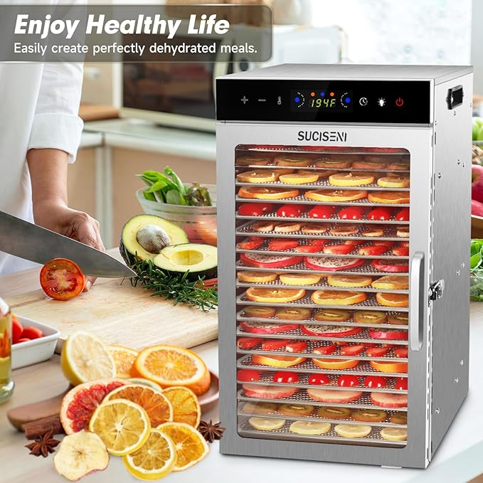 SUCISENI Food Dehydrator Machine 1000W 18 Trays Stainless Steel Commercial Food Dehydrated Dryer with 24H Timer Touch-Control LED Display, Compact Size for Home Jerky Herbs Meat Beef Fruit Vegetables
