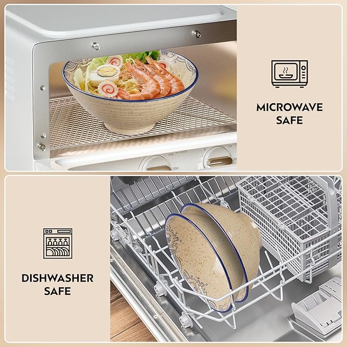 40 OZ ceramic ramen bowls, 8 IN large Japanese noodle soup bowl, match chopsticks and spoons, suitable for Pho, Udon Asian noodles (Japanese fish)