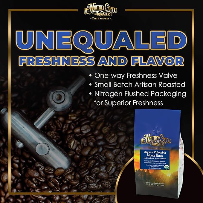 Mt. Whitney Colombia Monte Sierra Organic,Single origin, Medium Dark Roast, Smooth Full Flavored, low Acid Coffee (Ground, 5 Lb)