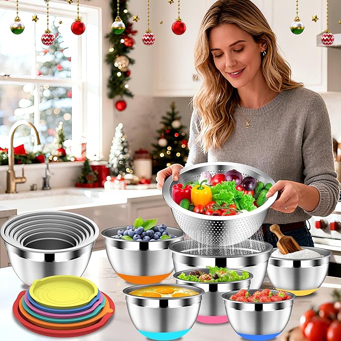 Mixing Bowls with Lids Set - 16pcs Stainless Steel Mixing Bowl Set with Colander, 3 Grater Attachments, Non-Slip Bottom, Metal Nesting Bowls with Strainer for Mixing & Serving - Multicolor