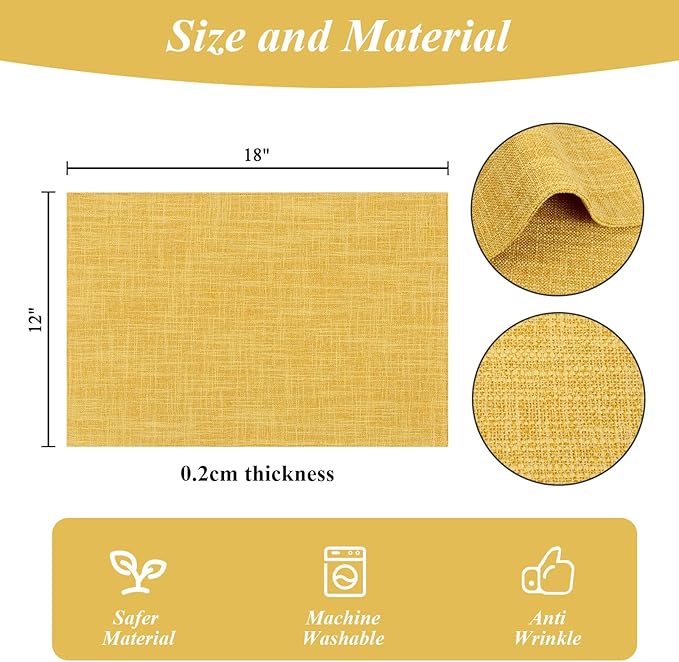 SHACOS Woven Fabric Placemats Set of 4 Heat Resistant Place Mats Non Slip Washable Double Layer Cloth Placemats Reversible Table Mats Kitchen Dining Table Decor (4, Yellow)