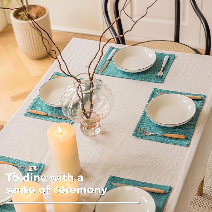 Home Brilliant Linen Placemats Set of 6 Heat Resistant Dining Table Place Mats for Kitchen Table, 13 x 19 inches, Peacock