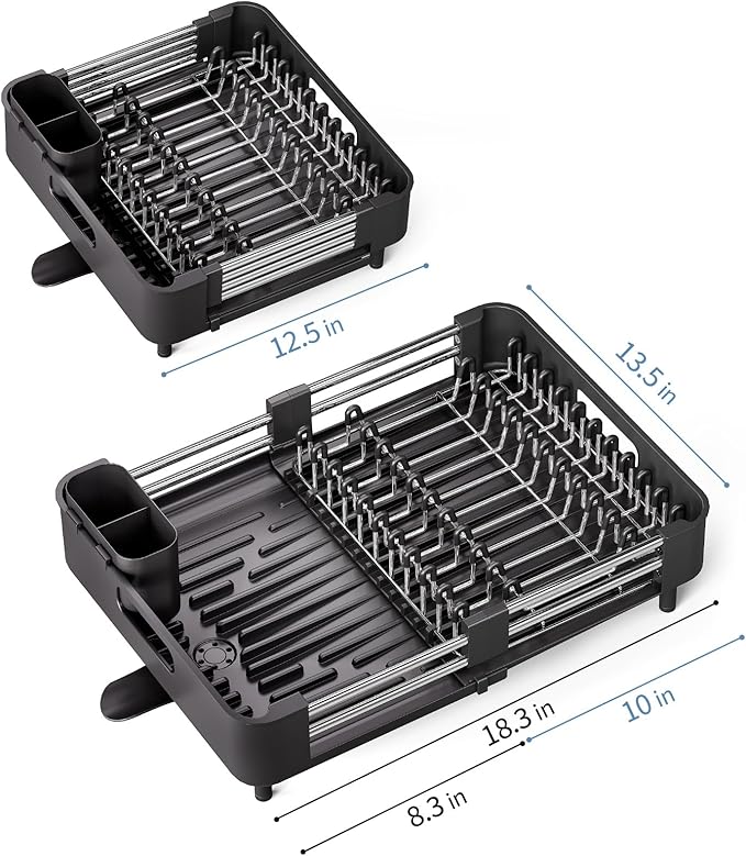 Dish Drying Rack for Kitchen Counter, Extendable Dish Rack with Drainboard, Collapsible Dish Drainer, Expandable Dish Strainer with Cutlery Holder, Foldable Home Countertop Plate Storage Rack, Black