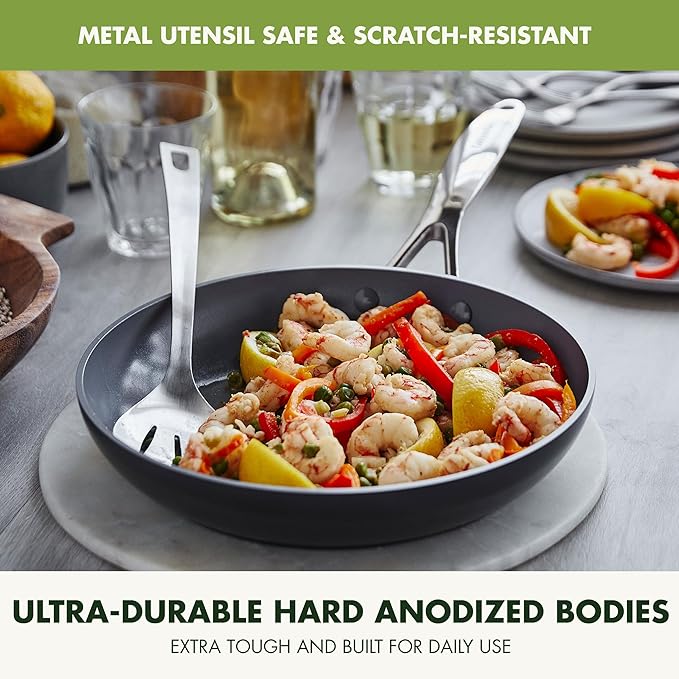 GreenPan Valencia Pro Hard Anodized 3 Piece Fry Pan Skillet Set, Ceramic Nonstick 8" 9.5" and 11" Induction Suitable Frying Pans, PFAS-Free Cookware, Dishwasher Safe, Oven and Broiler Safe, Gray