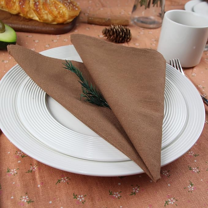 Solid Color Linen Blended Thin Dinner Cloth Napkins - Set of 12 (40 x 40 cm) - for Events & Home Use (Multi Brown)