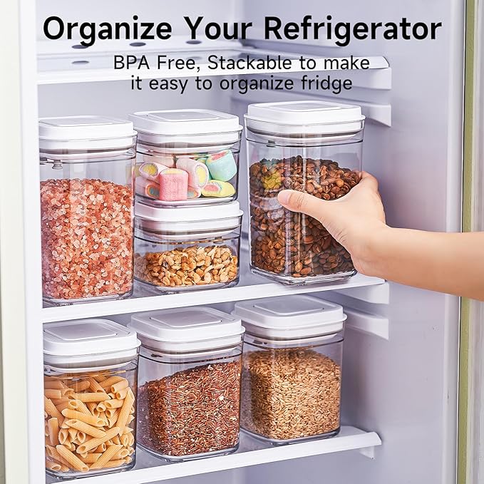 Pop Top Food Storage Container Set | 8Pcs Airtight Cereal Storage Organizer Canisters with Pop Lids, BPA-Free, Vacuum Seal & One-button Opening, Stackable Pantry Containers for Dry Food Storage