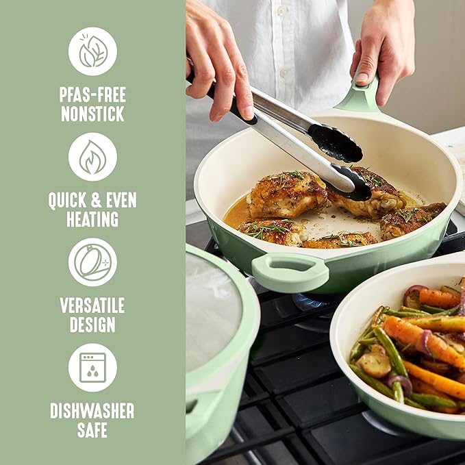 GreenLife 8 Piece Ceramic Nonstick Cookware Set, Induction Suitable Non Toxic PFAS-Free Pots & Pans, Dishwasher Safe, Cooking Set, Stock Pot, Saucepans & Frying Pans, Kitchen Cooking, Sage Green