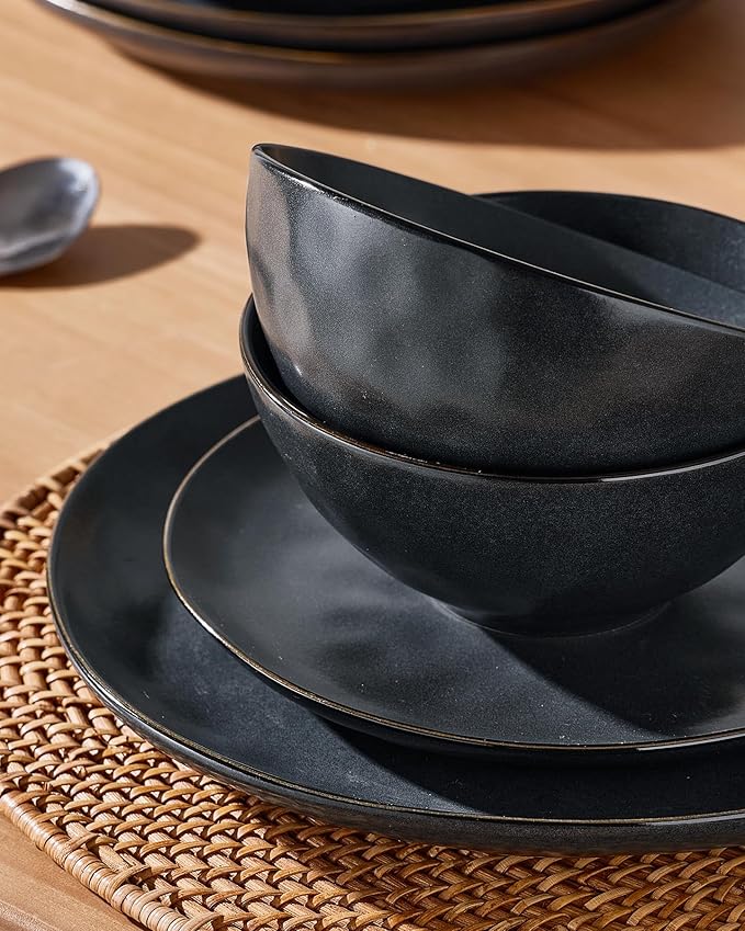 Famiware Dinnerware Sets for 6, Ocean Round 18-Piece Kitchen Plates and Bowls Sets, Microwave and Dishwasher Safe, Scratch Resistant, Matte Black