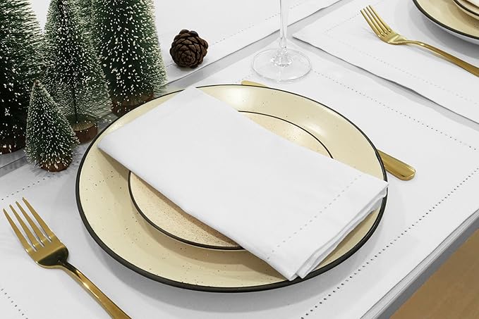 PurpleEssences Set of 12 Hemstitch Cloth Dinner Napkins 100% Cotton - Soft Durable Washable - Ideal for Wedding Fall Thanksgiving - Perfect Everyday Use Table Linen 18x18 - White
