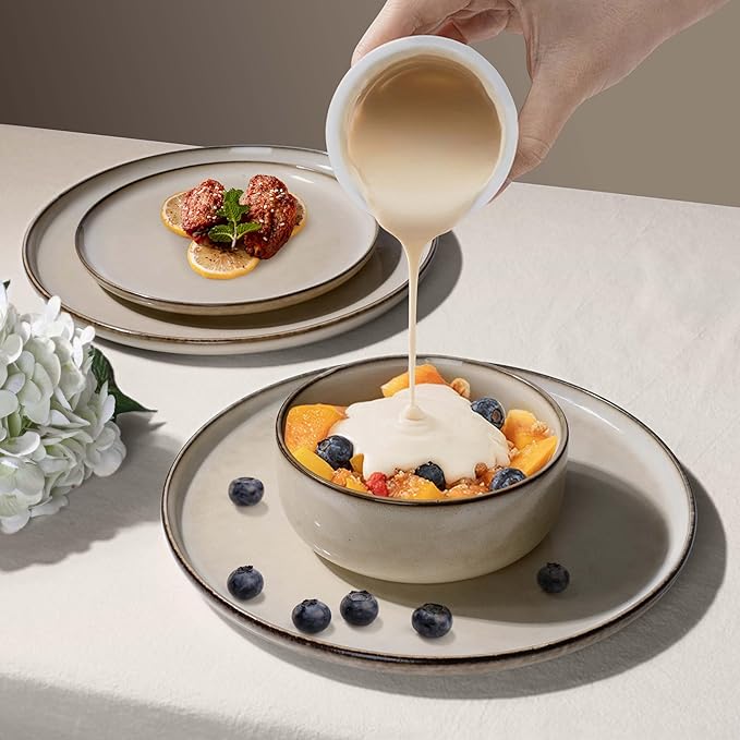 Herogo Dinnerware Sets with Pasta Bowls, 16 Piece Plates and Bowls Set for 4, Modern Stoneware Dinner Dishes for Kitchen Dinning, Dishwasher & Microwave Safe, Cream Khaki
